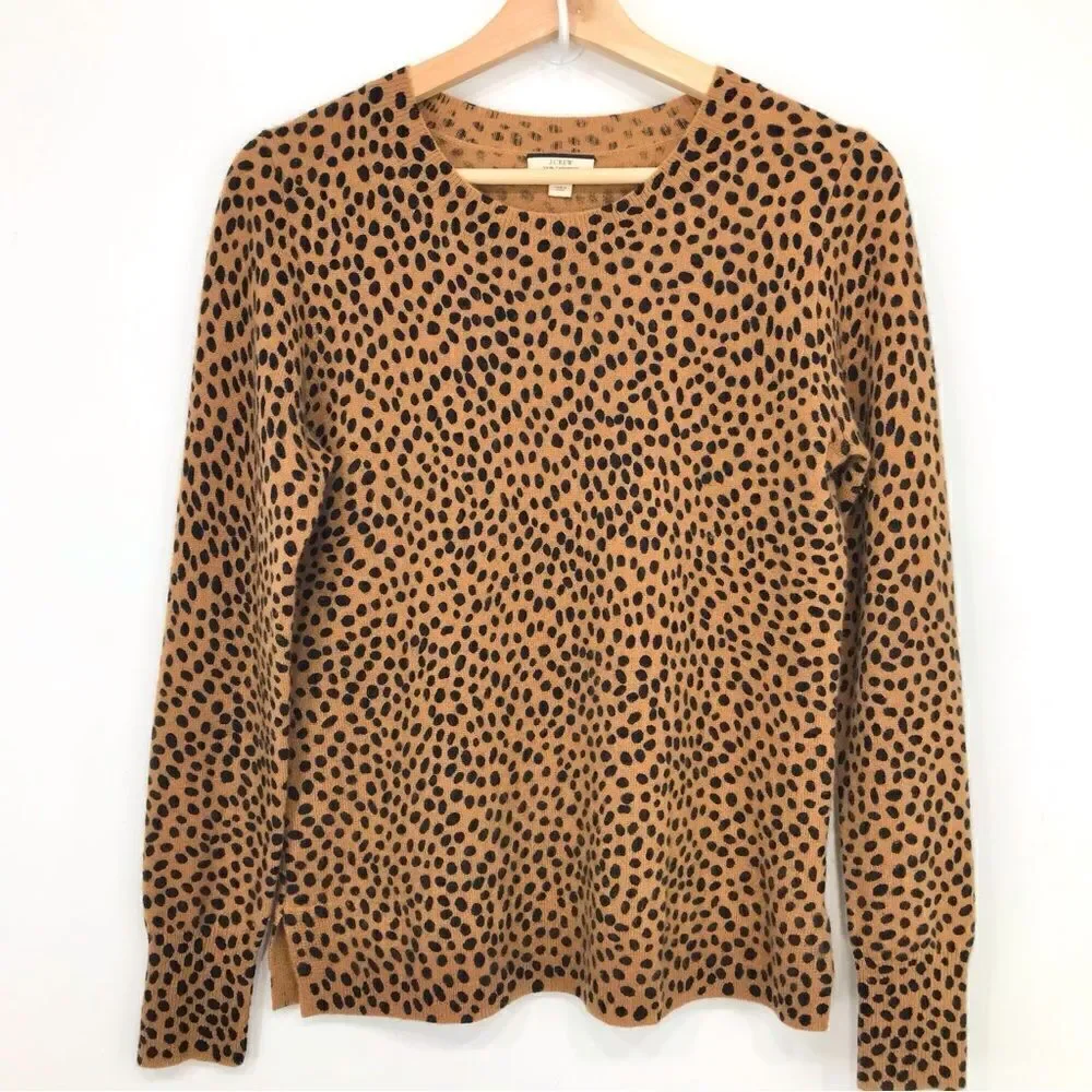 J. Crew LAYLA Camel Tan Black Dot Animal Print 100% Cashmere Crew Neck Sweater